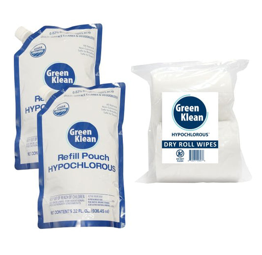 Green Klean Hypochlorous Two 32oz HOCI Pouches, Two Dry Rolls Bundle