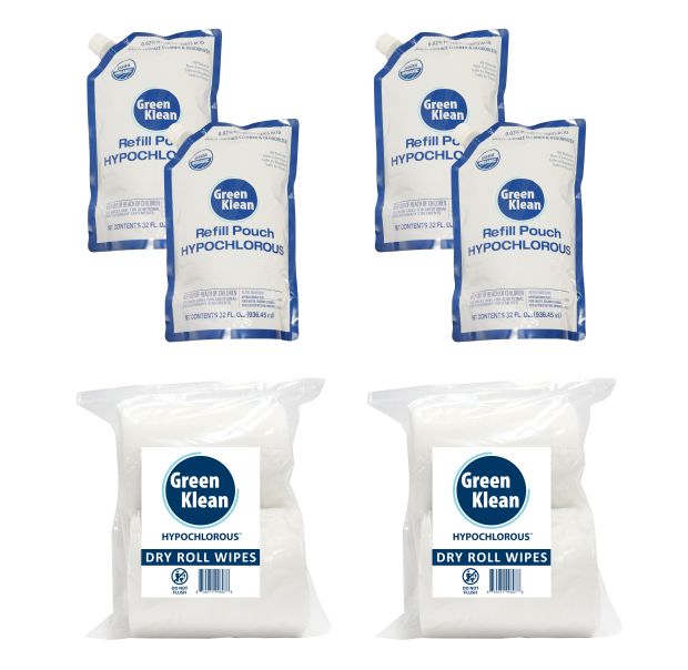 Green Klean Hypochlorous Four 32oz HOCI Pouches, Four Dry Rolls Bundle