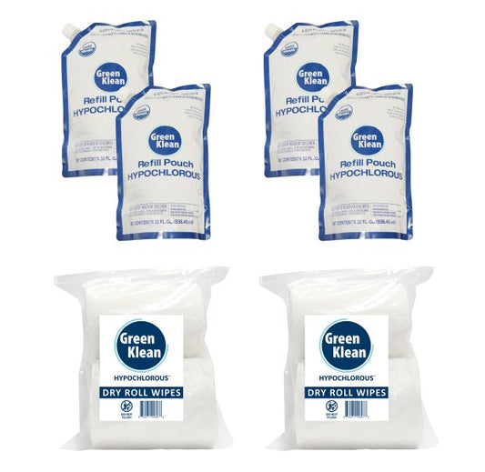 Green Klean Hypochlorous Four 32oz HOCI Pouches, Four Dry Rolls Bundle